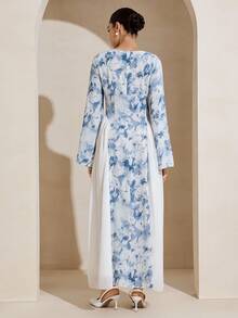Graceveil Patchwork Floral Print Chiffon Waist Design Fashionable Arabic Style Dress - Blue - View 3