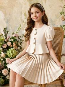 优雅方领泡泡袖套装，适合日常穿着、聚会和外出活动。 - 杏色 - 查看 1