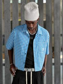 NEON BLANC Áo sơ mi nam tay ngắn kẻ caro, cài một hàng khuy, kiểu dáng thường ngày, có túi. - Màu xanh lam - Xem 4