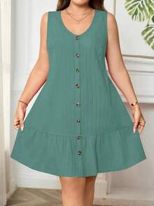 EMERY ROSE Plus Size Solid Color Casual Front Button Ruffle Hem Sleeveless Dress - Limelight Green - View 1