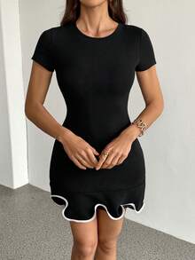 SHEIN Tall 圆领荷叶边下摆百搭迷你连衣裙，女士鸡尾酒会礼服，女士短裙，商务休闲女士连衣裙，女士针织迷你裙，适合室内外休闲夜晚穿着，贴合身形曲线，穿着舒适，优雅黑色连衣裙，女士派对礼服，西式女士连衣裙，优雅连衣裙，外出装扮，性感，女士正式礼服，度假，性感，女士派对礼服 - 黑色 - 查看 9