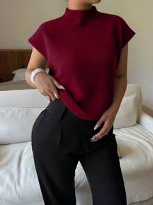 Dripcurv 女士大码酒红色优雅高领宽松休闲百搭T恤，适合秋冬季节、情人节、春季、夏季外出穿着，时尚系列 - 酒紅色 - 查看 1