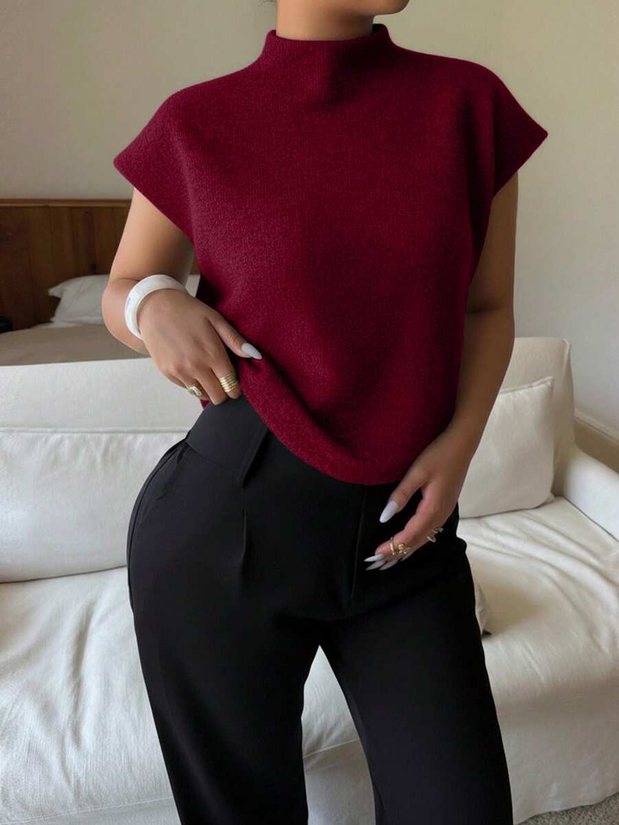 Dripcurv 女士大码酒红色优雅高领宽松休闲百搭T恤，适合秋冬季节、情人节、春季、夏季外出穿着，时尚系列 - 酒紅色 - 查看 1