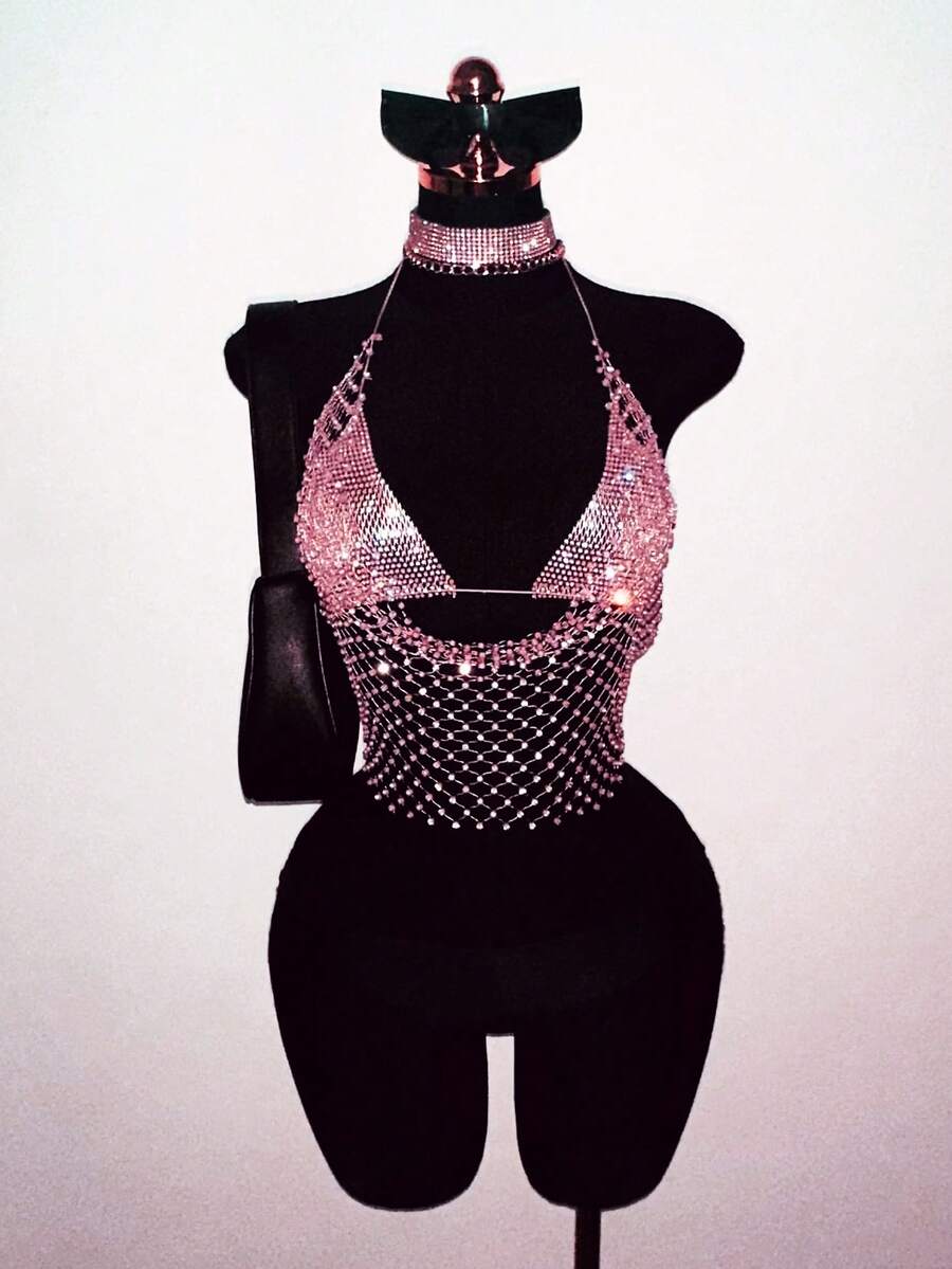 EgrlEra Women's Fashionable Sexy Rhinestone Halter Crop Top Rhinestone Club Outfit Rhinestone Top Sexy Concert Outfit - Baby Pink - View 1