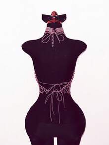 EgrlEra Women's Fashionable Sexy Rhinestone Halter Crop Top Rhinestone Club Outfit Rhinestone Top Sexy Concert Outfit - Baby Pink - View 2