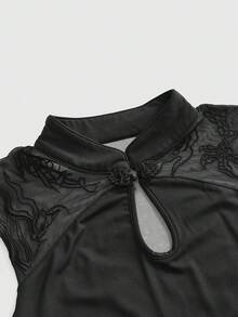 ROMWE Avant Dark Chinese Style Dragon Embroidery Backless Dress For Women - Black - View 3