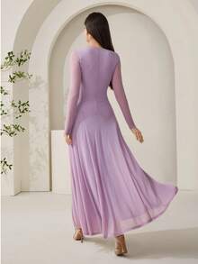 Veilorie 女士纯色圆领插肩袖修身优雅连衣裙 - 淡紫色 - 查看 3