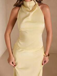 SHEIN BAE 女士黄色缎面露背吊带上衣和中低腰鱼尾裙，黄色两件套，优雅两件套 - 黃色 - 查看 6