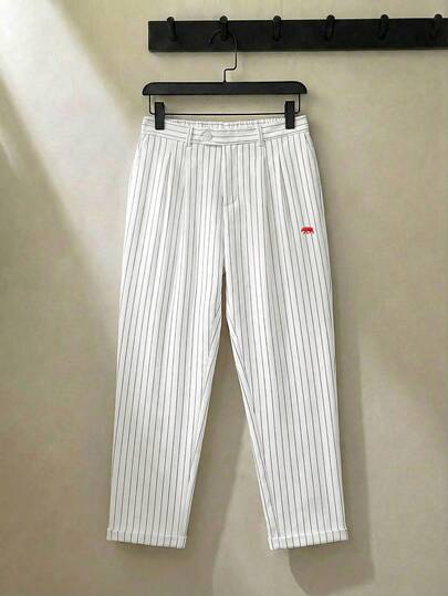 ESTAVOR Men's Button Waist Animal Embroidery Striped Tapered Casual Pants