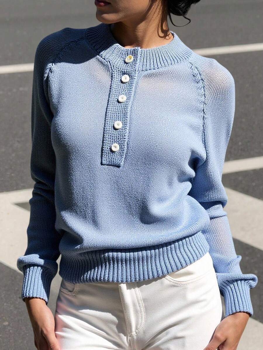 INAWLY Shiny Round Neck Thin Sequin Mesh Long Sleeve Button Knit Cover Up, Hazy Blue - Dusty Blue - View 1