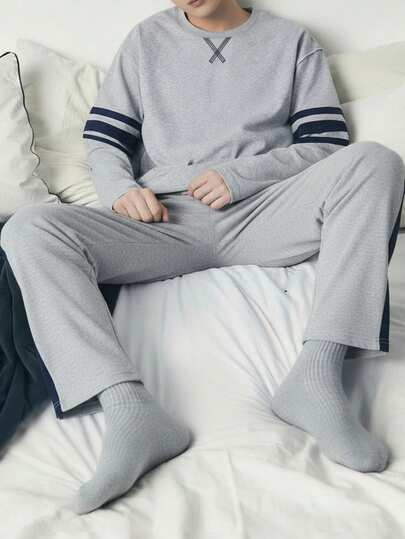 Teen Boys Sport Stripe Loungewear Set - Gray Navy Sport Stripe Loungewear 2-Piece Combo Sport Stripe Design Gray Navy Sport Color Round Neck Long Sleeve Sport Stripe Top Loose Pants Set 2-Piece Combo Social Media Style Sport Stripe 2026 New Year Holiday Essential Spring Summer Autumn Winter Teen Boys Sport Stripe Loungewear Set Teen Boy Pajama Set Boys Lounge Set Sleep Wear Teen