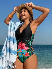 Swim Lushoire 女士露背V领纯色拼接花卉印花前扭结连体泳衣 - 黑色 - 查看 6