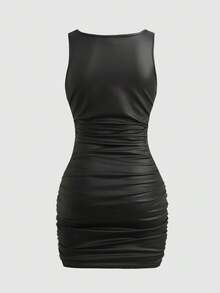 SHEIN 少女黑色弹力皮革休闲简约方领荷叶边迷你连衣裙，夏季 - 黑色 - 查看 2