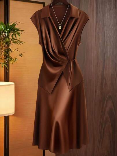 SHEIN Franclia Women's Summer Casual Elegant Solid Color Wrap Tie Blouse And Skirt 2-Piece Set