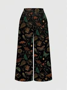 ROMWE Goth Women's Wide Leg Pants, Mysterious Academy Of Dark Magic, Moon And Stars Mysterious Spring, Brown - Black - View 2