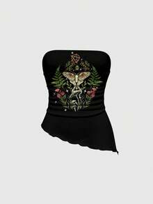 ROMWE Romantic Gothic Moth Butterfly Leaf Print Halter Asymmetric Shoulder Blouse For Women, Spring/Summer - Black - View 1