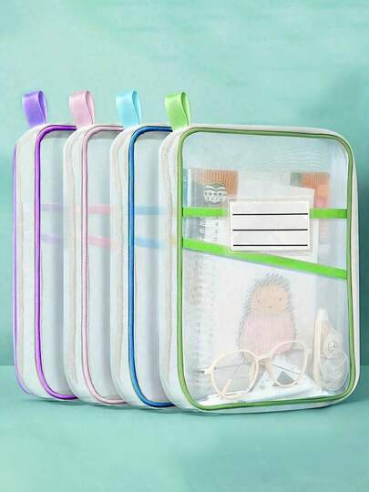 Bolsa Organizadora de Nylon em Malha Dupla A4, Pasta de Arquivos Grossa em Formato de L com Grande Capacidade para Documentos - Mochila Portátil com Zíper, Bolsa Organizadora de Matérias com Alça, Bolsa Transparente para Provas, Pasta de Arquivos, Bolsa para Armazenamento de Livros e Tarefas, Ideal para Material Escolar.