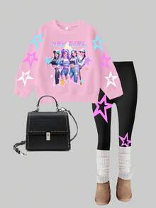 2 pezzi/set Felpa girocollo a maniche lunghe con stampa di lettere e stelle del gruppo K-POP femminile colorata e leggings con stampa di stelle, adatti per uscite in autunno/inverno - Multicolore - Visualizzare 3