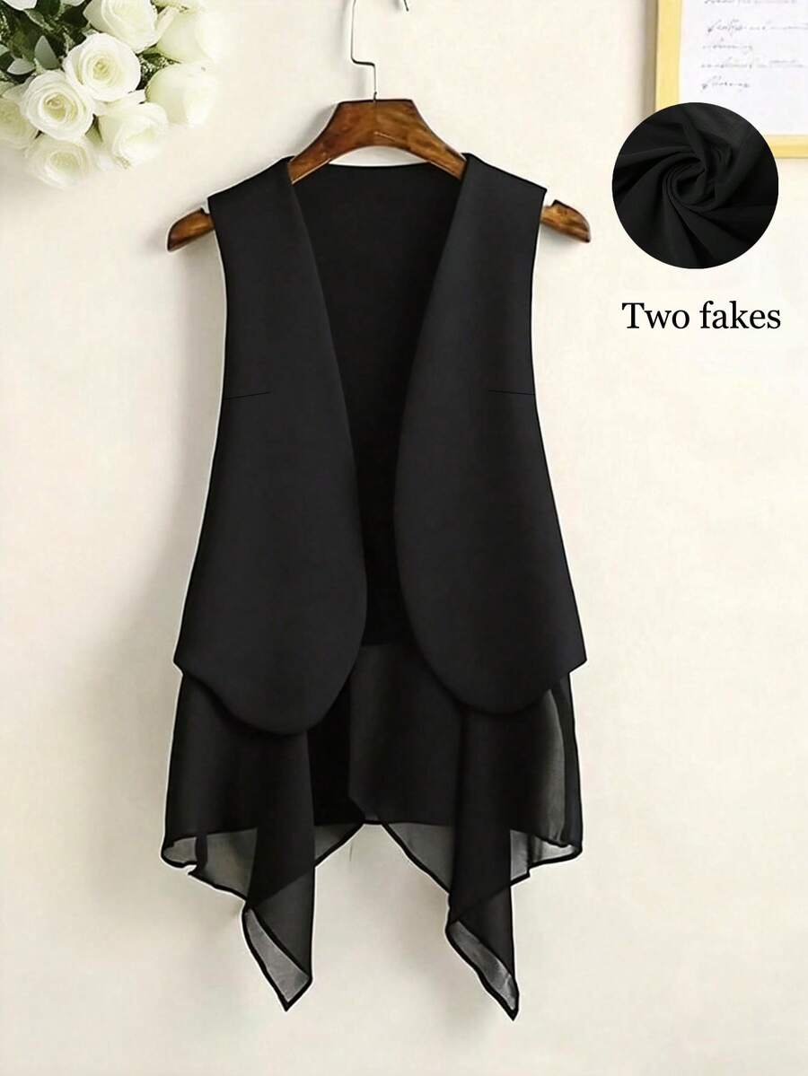 SHEIN LUNE CURVE Plus Size Solid Color Mesh Patchwork Asymmetric Hem Blazer Vest - Black - View 1