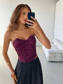 Aloruh Señora para una elegante y cómoda salida de primavera, con elegante encaje tridimensional. Sujetador recogido, parte superior con forma de copa, vestido ajustado al Body, copas del pecho recogidas, tirantes atados con lazos. Adecuado para conciertos, conciertos de música country, discotecas y fiestas sexys. Body de fiesta sexy y elegante, parte superior. - Rojo violeta - Ver 8