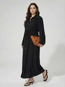 Maija Plus Size Women's Black Long Sleeve Shirt Dress,Autumn Smart Casual Button Up Maxi Dress,Elegant Fashionable Vacation Outfit,Spring Simple Daily Wear - Black - View 4