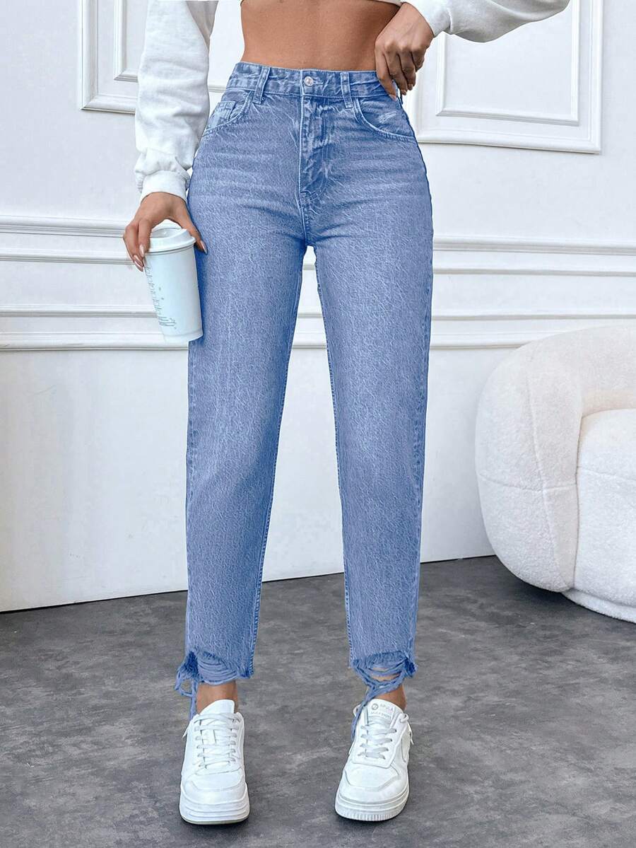 EURMUSE 100%Cotton Ladies' Distressed Frayed Hem Denim Jeans - Baby Blue - View 1