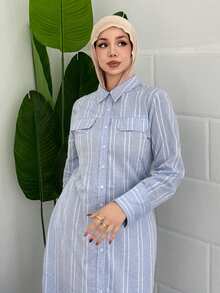 DAZY Cotton Spring Elegant Turndown Collar Striped Loose Mid-Length Dress For Women - Blue - View 7