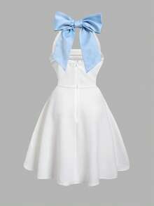 SHEIN Tween Girls Embroidered Butterfly Contrast Color Halter Neck Fitted Dress,Kids - Blue and White - View 3