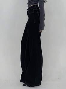DAZY Women's Casual Contrast Stitch Wide Leg Jeans, - Black - View 6
