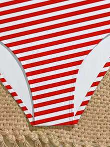 Girls' Striped Elastic Woven One-Piece Swimsuit, Suitable For Beach, Vacation, Swimming Tween One Piece Swimsuit Red And White Striped Swimsuit Girls Red White One Piece Swimsuit Girls Striped Swimsuit Tweens Beachwear - Red and White - View 6