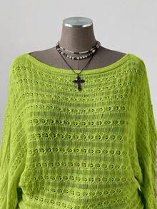 Sunspun Áo len dài tay dáng rộng, màu trơn, kiểu Bohemian/Y2K dành cho nữ, cỡ lớn, có họa tiết khoét lỗ, thích hợp cho kỳ nghỉ và mọi mùa. - màu xanh lá - Xem 5