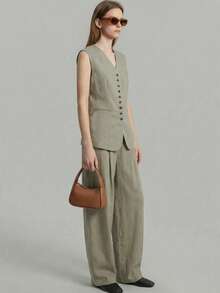 Ontre 女士高级舒适柔软面料修身无袖V领纽扣前开襟背心上衣搭配时尚喇叭裤，现代都市休闲商务办公装，低调复古风，优雅高品质设计师简约舒适都市系列，四季皆宜的百搭女士套装 - 灰色 - 查看 6