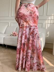 Celisse Women's Elastic Waist Asymmetric Digital Print Casual Elegant Skirt, Spring/Summer Maxi Floral Skirt Rose Print Skirt - Multicolor - View 2