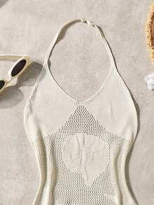 SHEIN Vestido casual de cobertura de vacaciones con escote halter y recortes para niña preadolescente de unicolor - Albaricoque - Ver 3