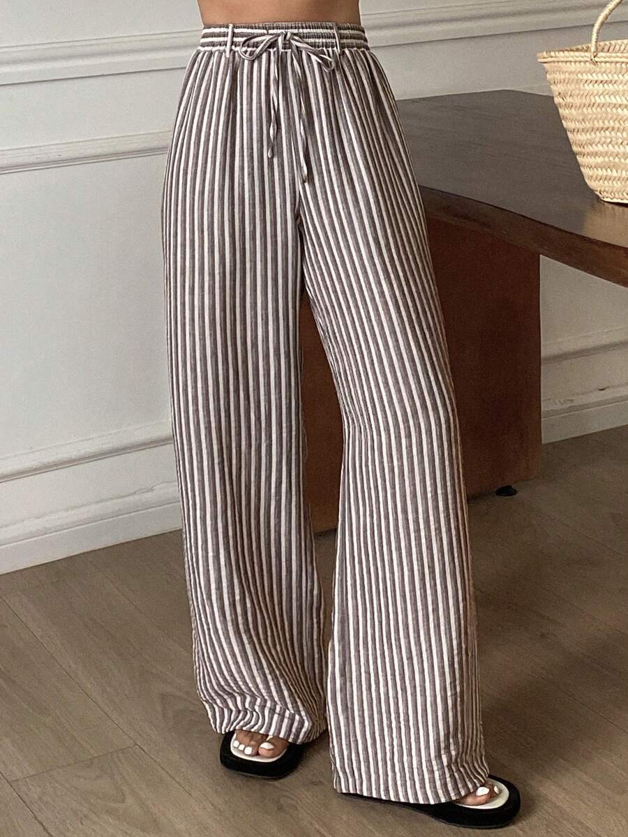 DAZY 女士休闲条纹抽绳裤，适合日常和度假穿着 - 咖啡棕 - 查看 1