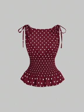 Sweetra Women's Elegant White Polka Dot Shoulder Tie Bow Sleeveless Top,Summer Casual Vintage Peplum Camisole,Drawstring Smocked Waist Picnic Top For Daily