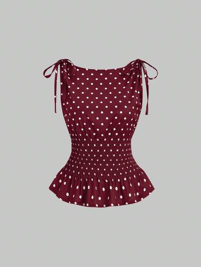 Sweetra Women's Elegant Polka Dot Shoulder Tie Bow Waist Drawstring Sleeveless Top, Flattering Casual Versatile Camisole For Daily Wear, Spring/Summer Pokadot Top Peplum Top Women