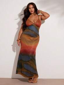 SHEIN BAE Plus Size Women Backless Knitted Multi-Color Pattern Dress,Autumn/Winter Solid Color, Tie-Dye, Printed Long Sleeve Maxi Dress, Elegant Sexy Backless Halter Neck Bodycon Dress, Suitable For Formal Occasions, Cocktail Parties, Clubs,Party Dresses For Women,Valentine's Day,Valentine Outfits For Women - Multicolor - View 7