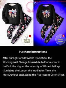 Young Girls Pajamas-2 Piece Pajama Set This Product Requires UV Light Exposure To Glow Round Neck Long Sleeve Top Matching Leggings Tight Fit Cartoon Character Gem Stars Night Party Sleepwear Festive Holiday 2026 Must Have Four Seasons Gift Snug Fit Pants Pajama Set Kids Pj Set Girl - Black - View 5