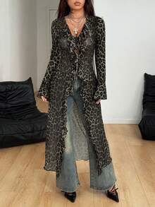 Coolane Women's Fall/All-Season Rave Renaissance Fair Hippie Music Festival Gyaru Mesh Straps Ruffle Ribbon Long Coat /Cover Up - Green - View 3