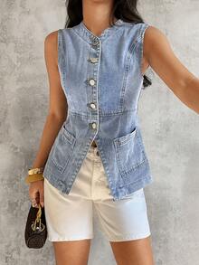 Sunnyshic 女士休闲无袖牛仔外套，夏季 - 藍色 - 查看 1