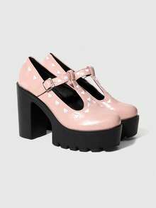 ROMWE 女士高跟鞋和单鞋，黑色高跟鞋，暗黑摇滚朋克哥特鞋，铆钉T字形闭趾鞋，Y2K风格正装鞋，玛丽珍皮鞋，日本JK制服鞋 - 粉色愛心 - 查看 1