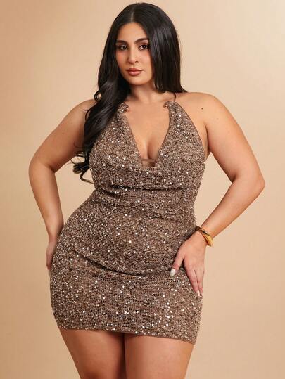 SHEIN BAE Plus-Size Women's Brown And Coffee-Colored Sequined Fashionable And Sexy Fitted Mini Dress, Party Dress, Sequined Luxury Mini Party Dress, Metallic Halter Neck Dress, Sexy Tight Plus-Size Dress.Summer,Summer Holiday Outfits,Spring Break Outfits ,Valentine Outfits For Women,Valentine's Day Outfit,Carniva,Carnival Women Look 2026,Plus Size,Curve,Elegant Outfits For Party,Beach Outfit For Women,Wedding Guest Party Dress ,Going Out,Vacation Outfits Women,Birthday Dress For Women,Formal Dress For Women,Plus Size Dress For Women,Tea Party Outfit Women,Club Outfits Women Plus,Airport Outfit For Women Travel,Formal Gowns For Women Evening Elegant,Plus Size Dresses For Women