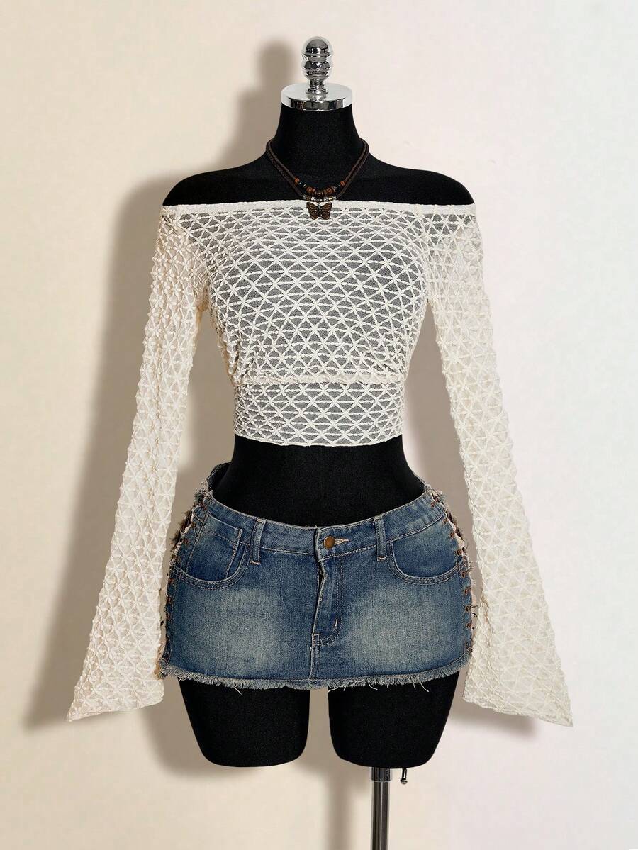 SHEIN ICON Women's Off-Shoulder Long Sleeve Lace Sheer Sexy Blouse - Beige - View 1