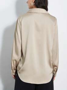 Aveloria Modichic Fashionable Minimalist Versatile Commuting Satin Design V-Neck Overlapping Wide Hem Collar Long Sleeve Shirt - Champagne - View 6