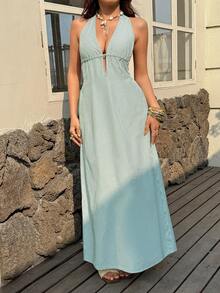 Sunnyshic Blue & White Striped Deep V-Neck Backless Tie-Up Waist A-Line Sleeveless Jumpsuit Dress, Elegant Sexy Cute Suitable For Vacation, Beach, Commute, Party, Daily Wear, Dating, Spring/Summer/Autumn - Green - View 6