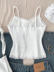 SHEIN Białe, dzianinowe, teksturowane topy z koronką i kokardą dla nastolatek, do noszenia warstwowego lub samodzielnie, na powrót do szkoły, na wakacje, na co dzień - Biały - Zobacz 2