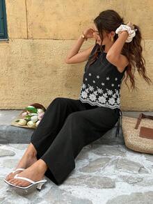 Serisse Women's Floral Embroidery Vest And Pants 2 Pieces Casual Vacation Set - Black - View 6