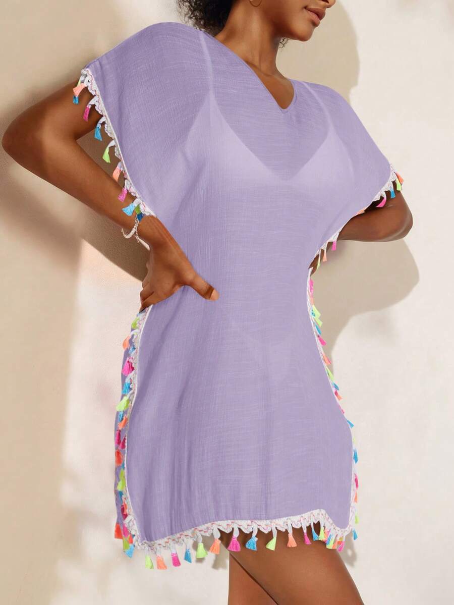 Swim Vcay 女士彩色流苏沙滩罩衫，休闲度假 - 淡紫色 - 查看 1