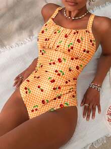 Swim Mod Women's Vacation Beach Plaid & Cherry Print One-Piece Swimsuit - Burnt Orange - View 5